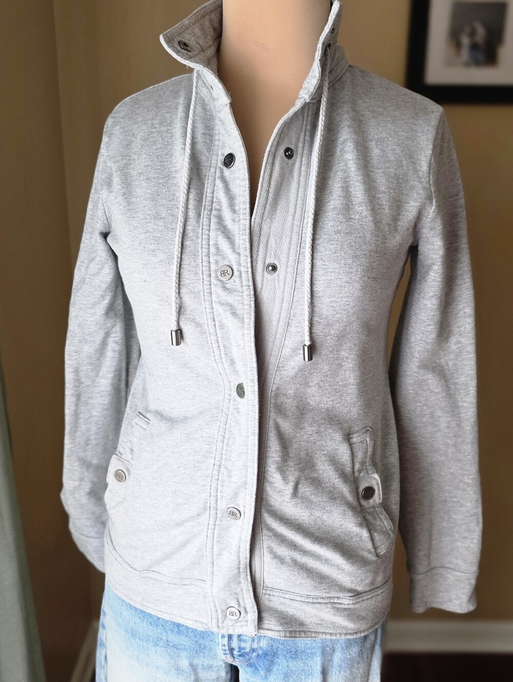 Banana Republic Grey Snap Sweatshirt Jacket Women Size XS Heather Gray Mock Neck